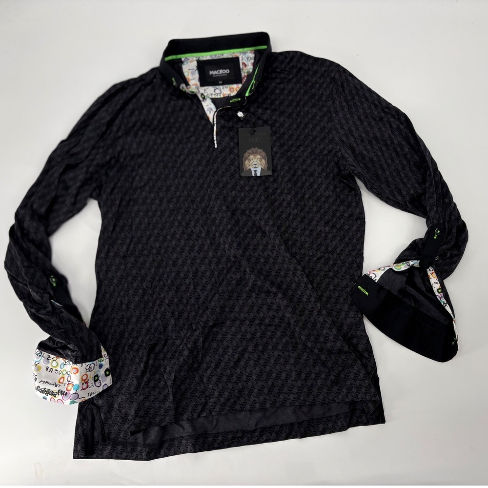 Maceoo Mens Grey Textured Geometric Long Sleeve Polo Shirt Hidden Button Collar